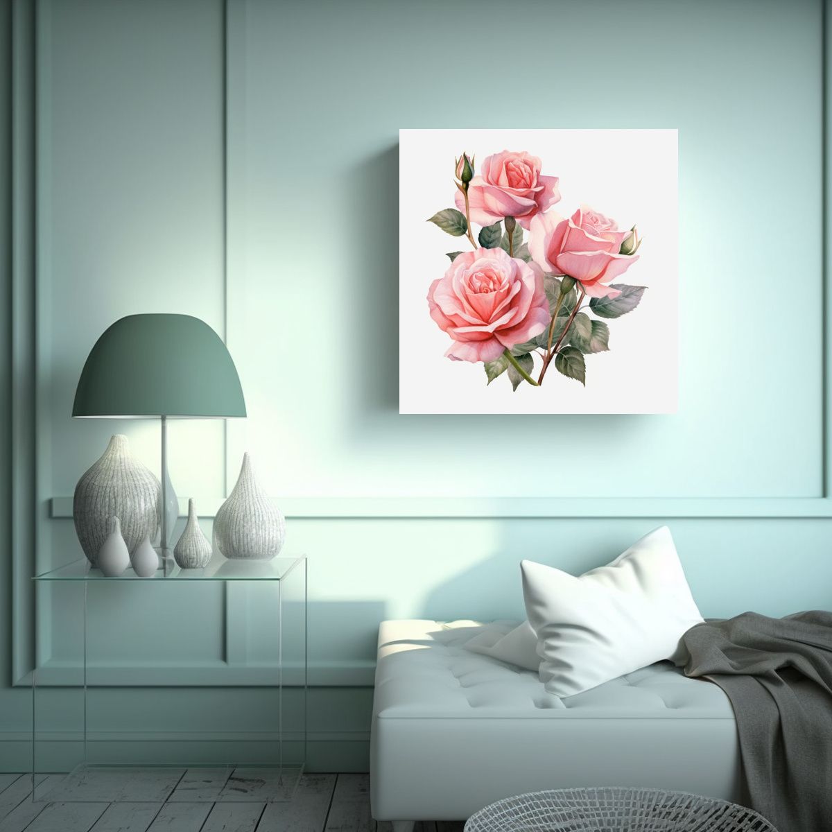 GENERICO - Roses Acuarela Rosa Sobre Composición Arte 70x70 Cm.