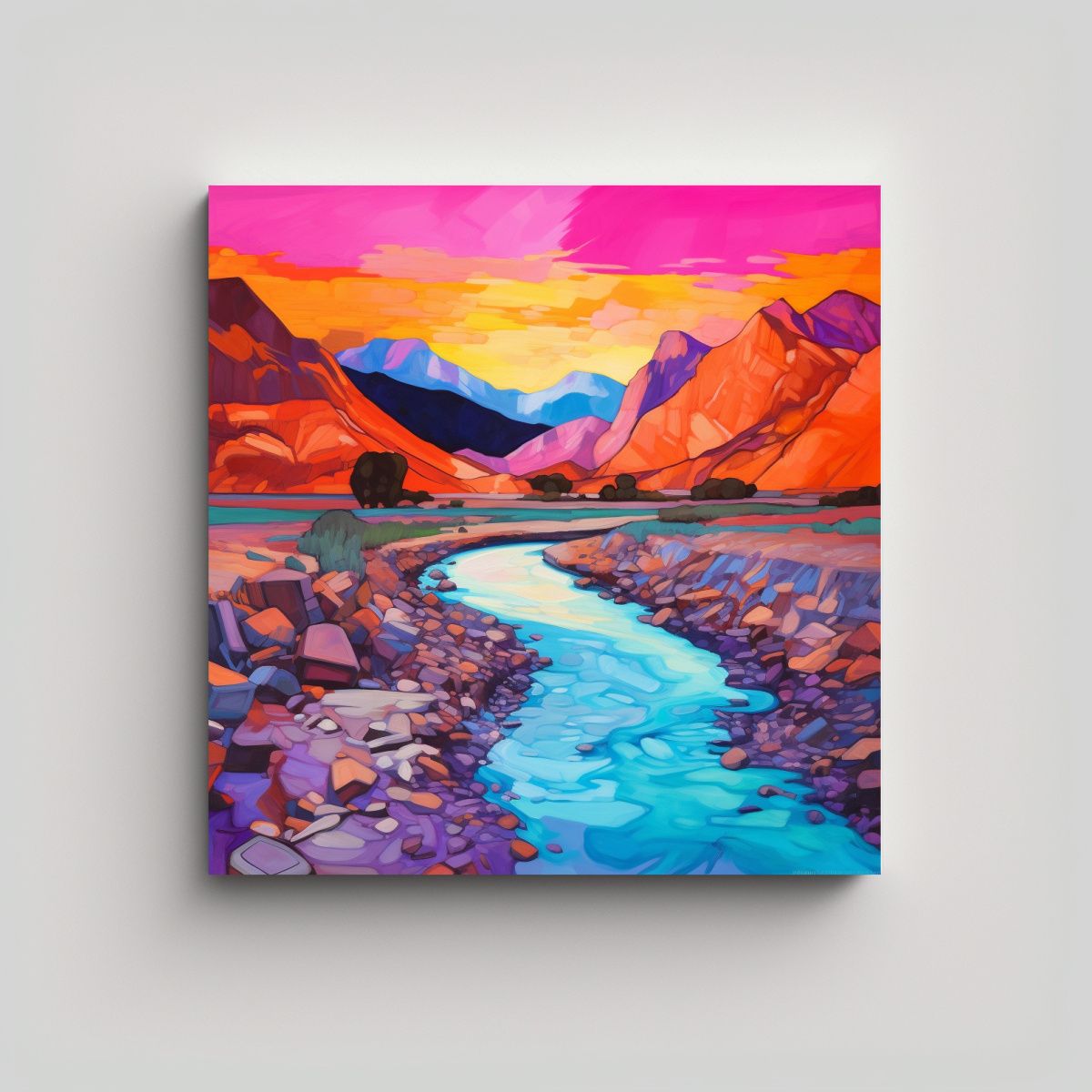 GENERICO - Cuadro De Paisaje De Río Naranja Con Montañas 80x80 Cm