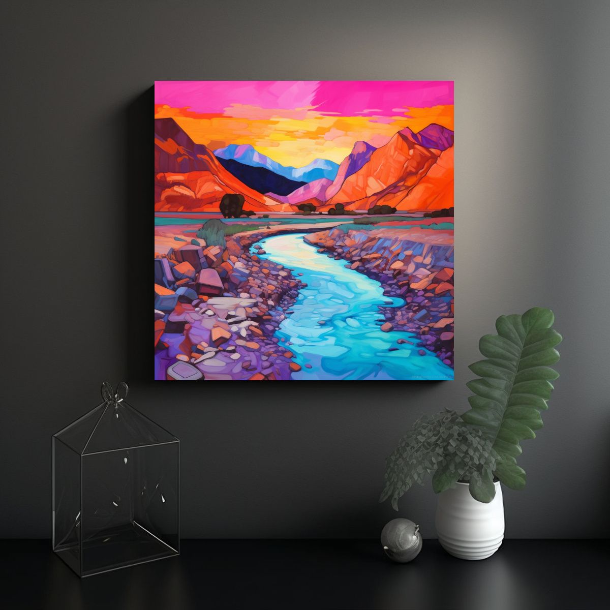 GENERICO - Cuadro De Paisaje De Río Naranja Con Montañas 80x80 Cm