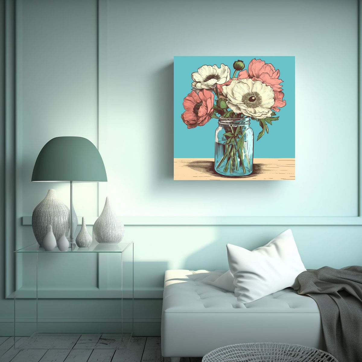 GENERICO - Ilustración Vintage De Peonías Y Anémonas En 90x90 Cm