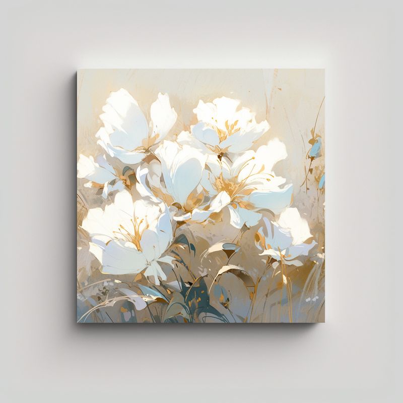 GENERICO - Pintura De Flores En Tonos Blanco Y Dorado Sobre 80x80 Cm