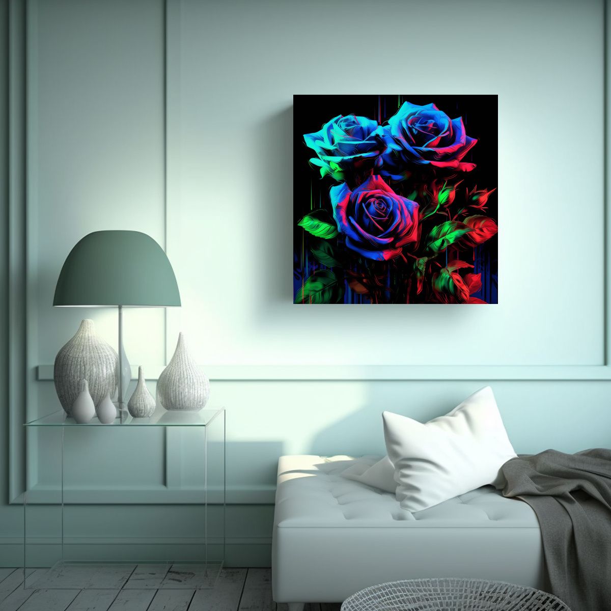 GENERICO - Roses Glitch Art En Cuadro Equilibrio Visual 90x90 Cm.