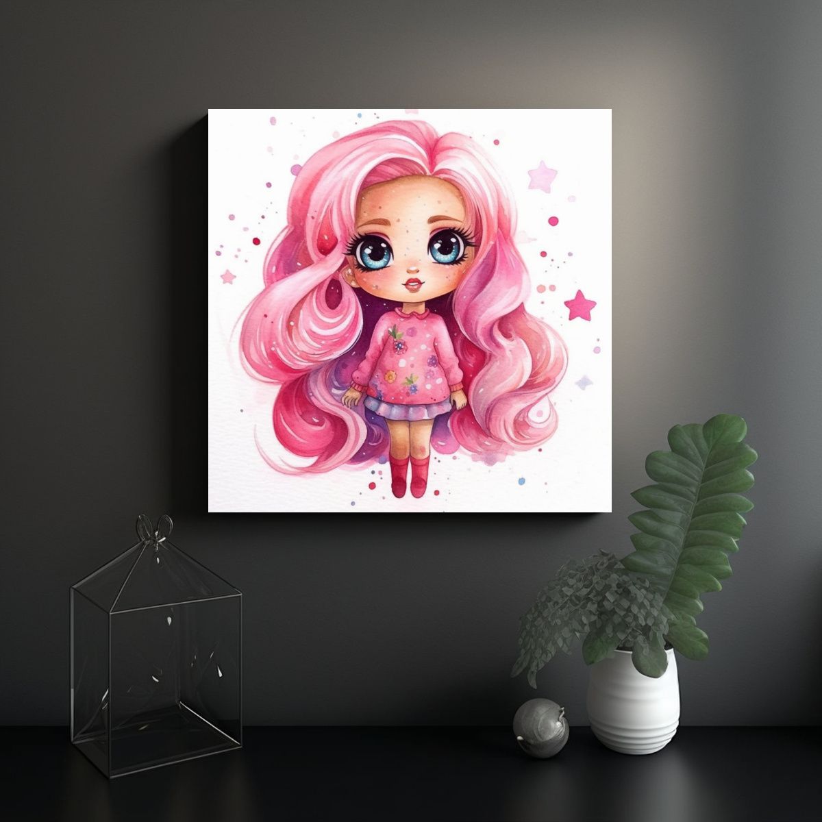 GENERICO - Pintura Decorativa Estilo Chibi Barbie Acuarela 80x80 Cm
