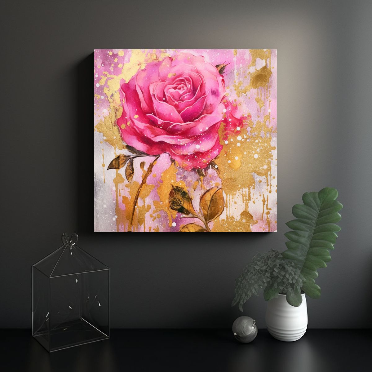 GENERICO - Acuarela Rosa Brillante Y Oro Envejecido Con 90x90 Cm