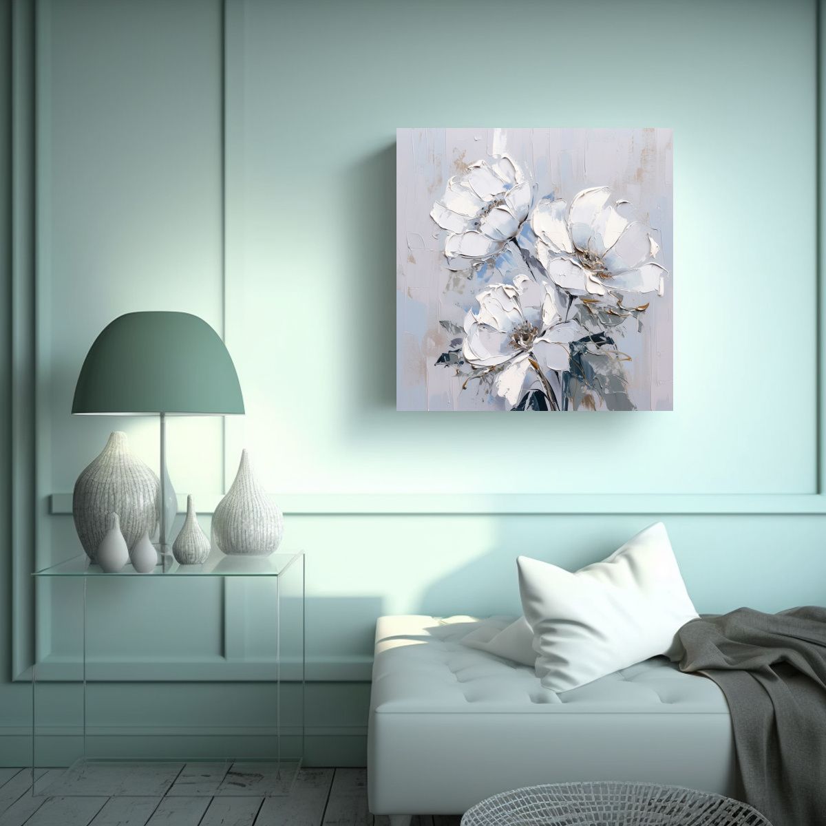 GENERICO - Cuadro De Flores En Lienzo Blanco Y Plateado Para 70x70 Cm
