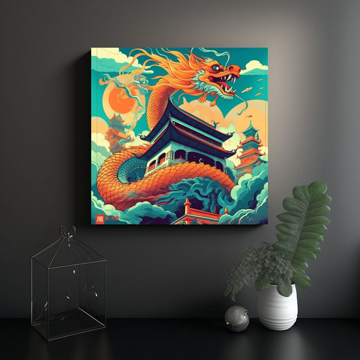 GENERICO - Cuadro Tela Dragón Vuela Sobre Templo Chino 80x80 Cm