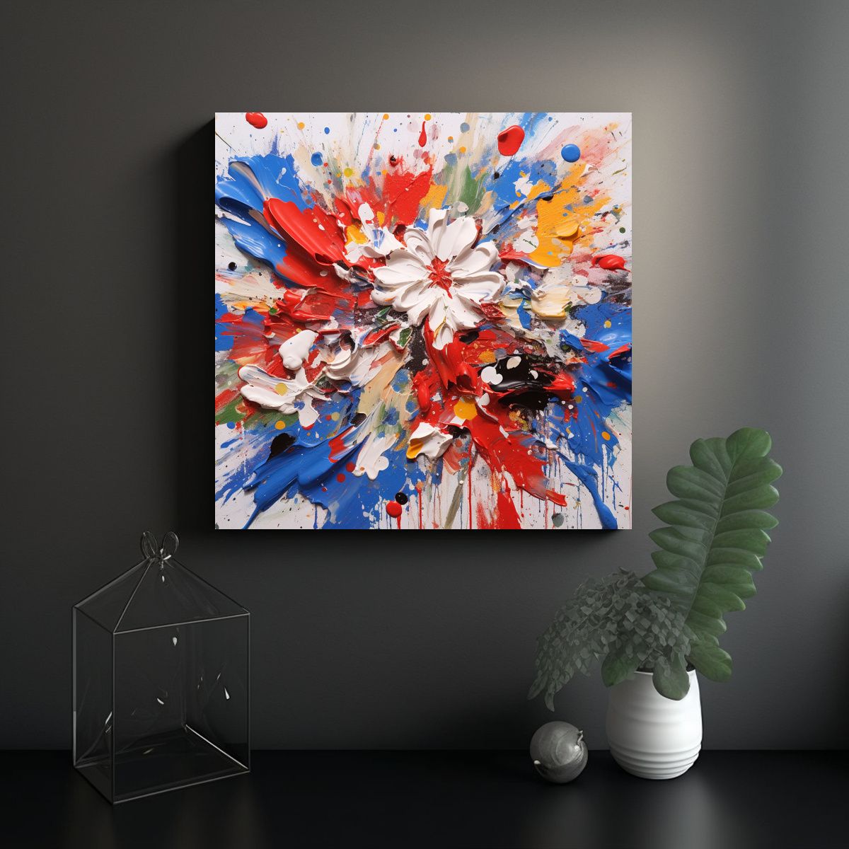 GENERICO - Cuadro De Flores Rojas Azules Y Blancas Para 80x80 Cm