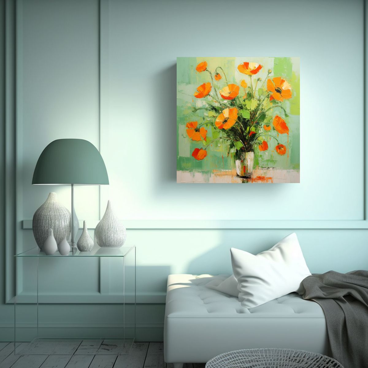 GENERICO - Pintura De Flores En Tonos Verdes Y Naranjas En 70x70 Cm