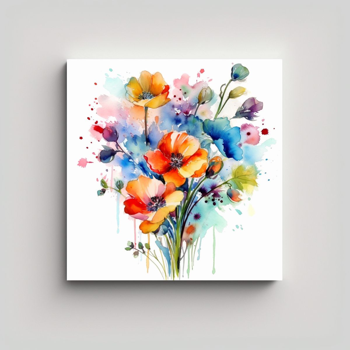 GENERICO - Cuadro Estilizado De Flores Coloridas En Acuarela 70x70 Cm
