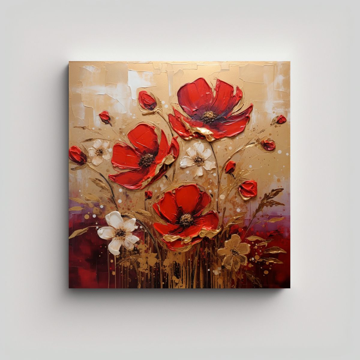GENERICO - Pintura Cuadro Floral Rojo Y Dorado En Lienzo 80x80 Cm