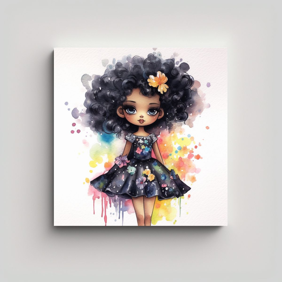 GENERICO - Lienzo Acuarela Temática Barbie Negra Vestido 70x70 Cm