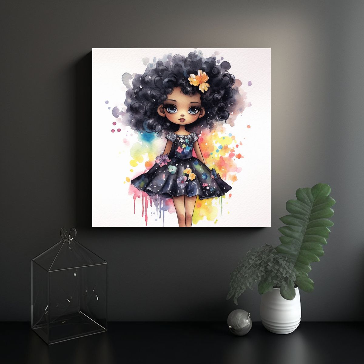 GENERICO - Lienzo Acuarela Temática Barbie Negra Vestido 70x70 Cm