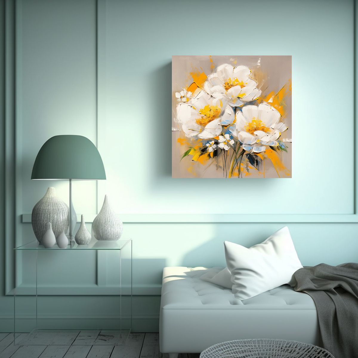 GENERICO - Cuadro De Flores Amarillas Y Blancas En Lienzo 70x70 Cm