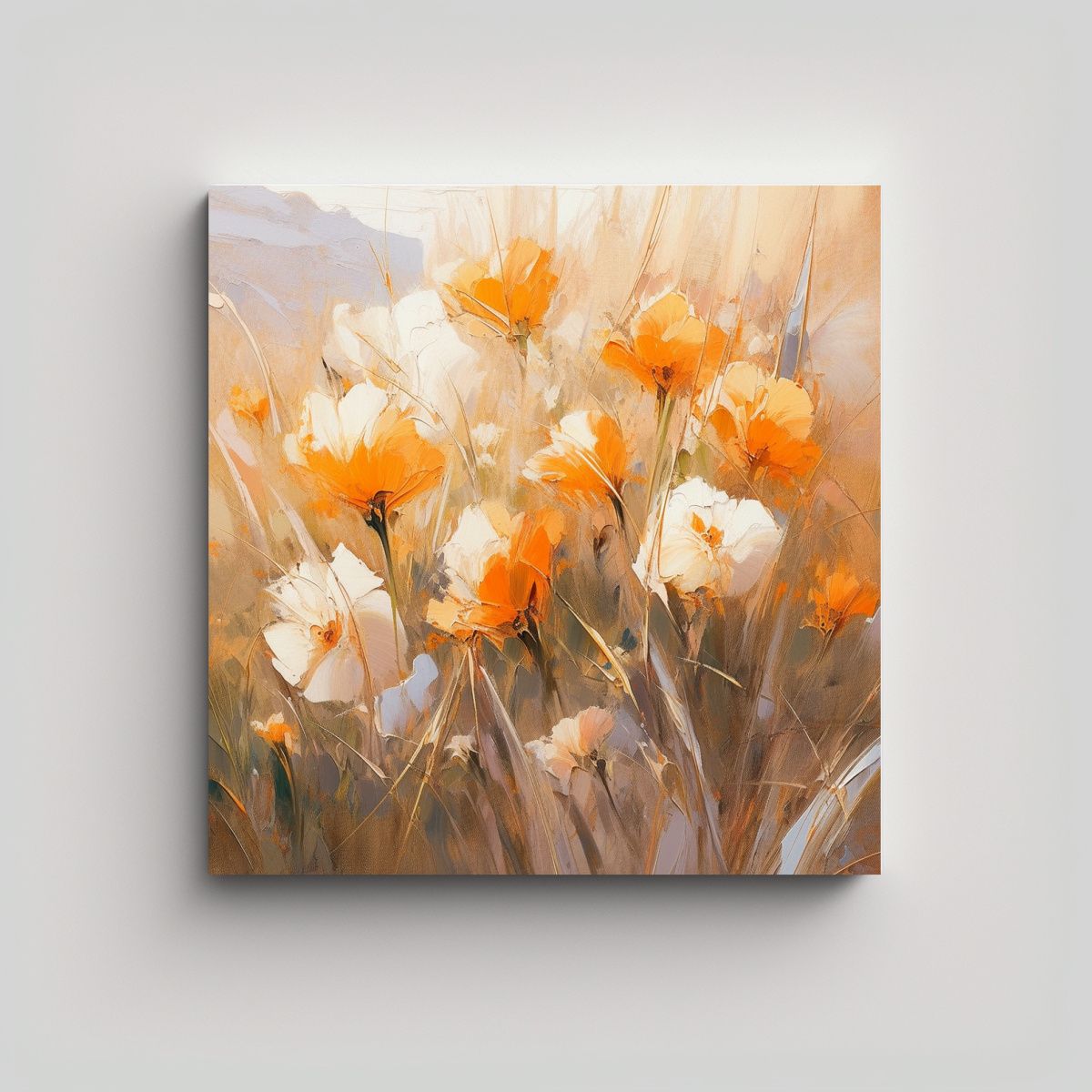 GENERICO - Pintura Abstracta De Flores En Naranja Y Dorado 90x90 Cm