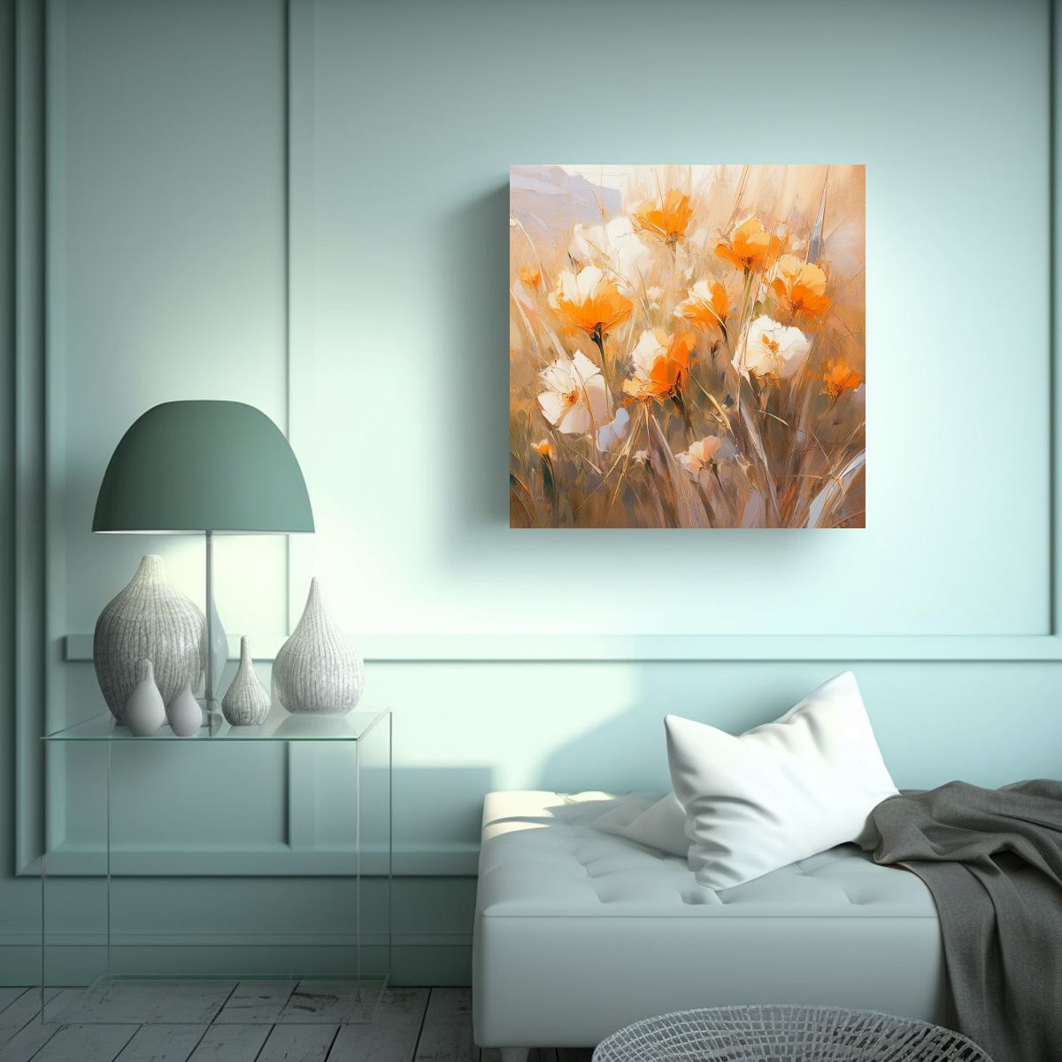 GENERICO - Pintura Abstracta De Flores En Naranja Y Dorado 90x90 Cm