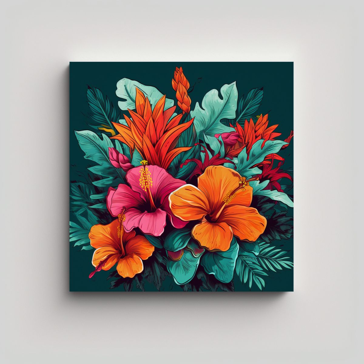 GENERICO - Ilustración Tropical De Flores En Cuadro 70x70 Cm