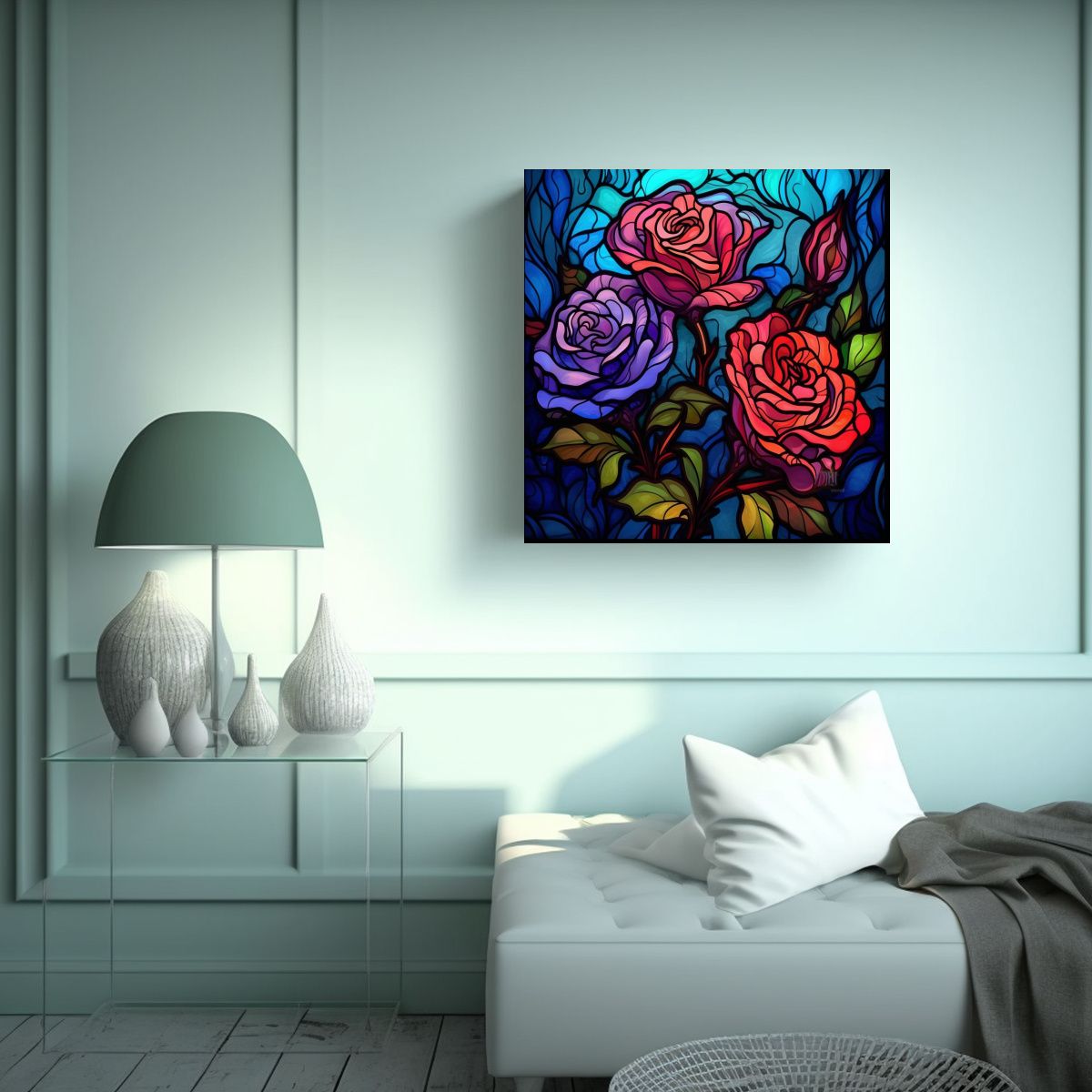 GENERICO - Roses De Vitral En Estilo Digital Canva De Arte 90x90 Cm