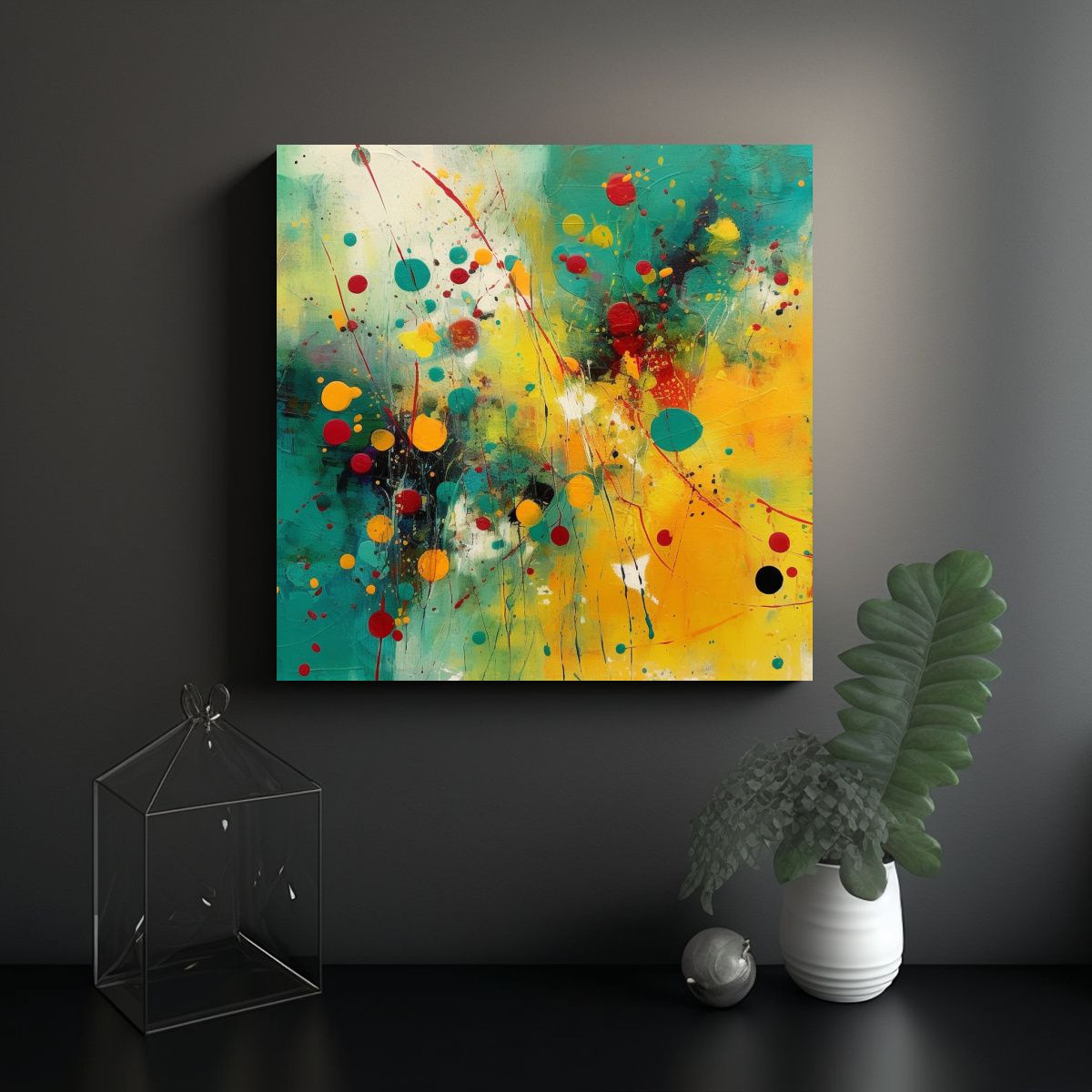 GENERICO - Cuadro Abstracto En Color Verde Azulado Y Mostaza 80x80 Cm