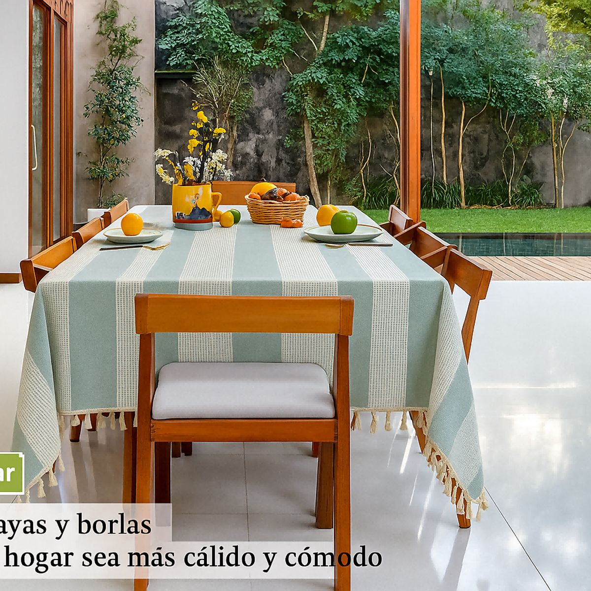 UMEXUS - Mantel Rectangular Azul Rayas 140x180 Lino Algodón Flecos para Comedor