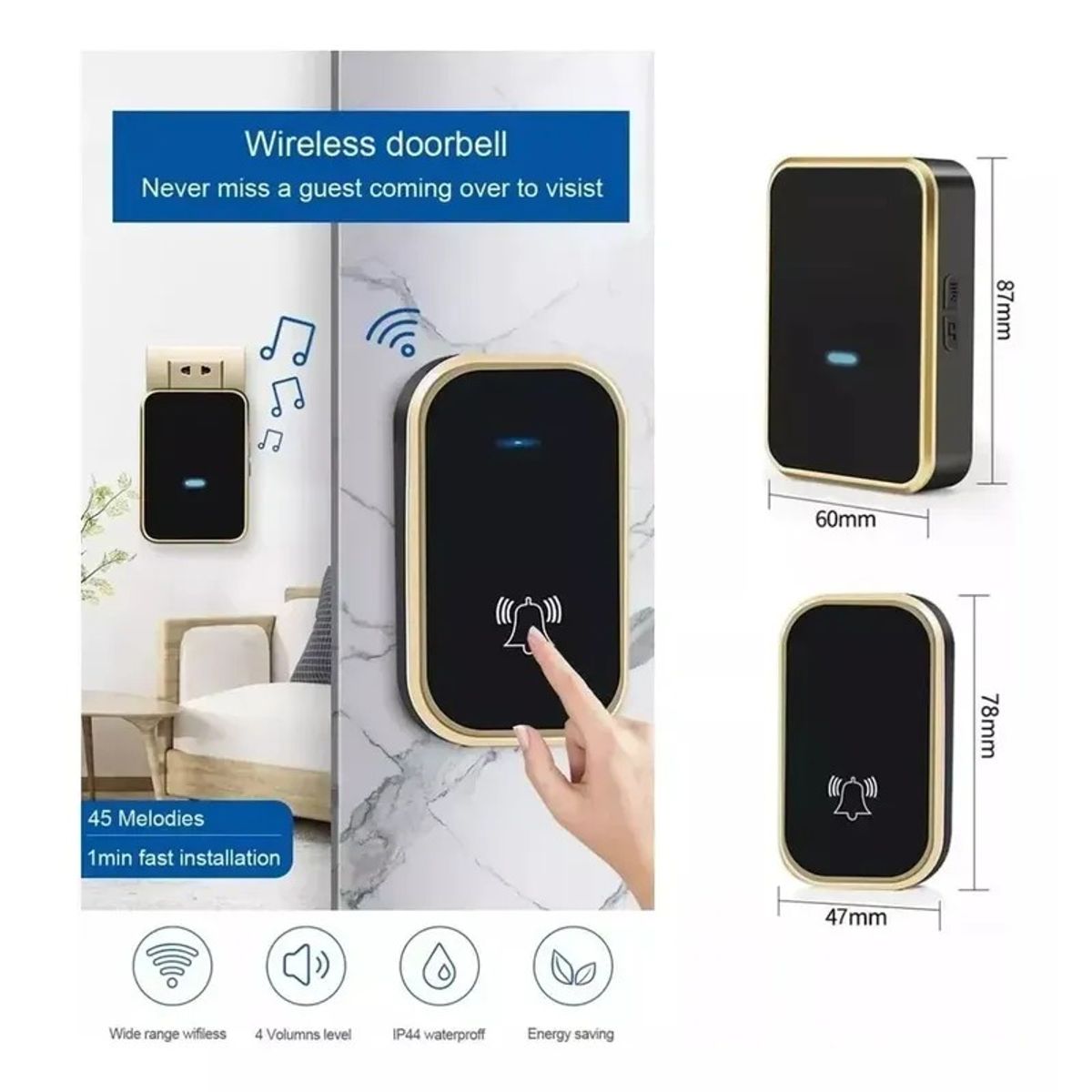 GENERICO - Timbre Inalámbrico Impermeable Autoalimentado 2 Receptor