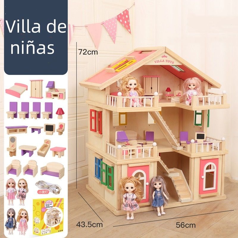 TATEE - Juguetes de villa de princesa de madera+4 muñecas princesas