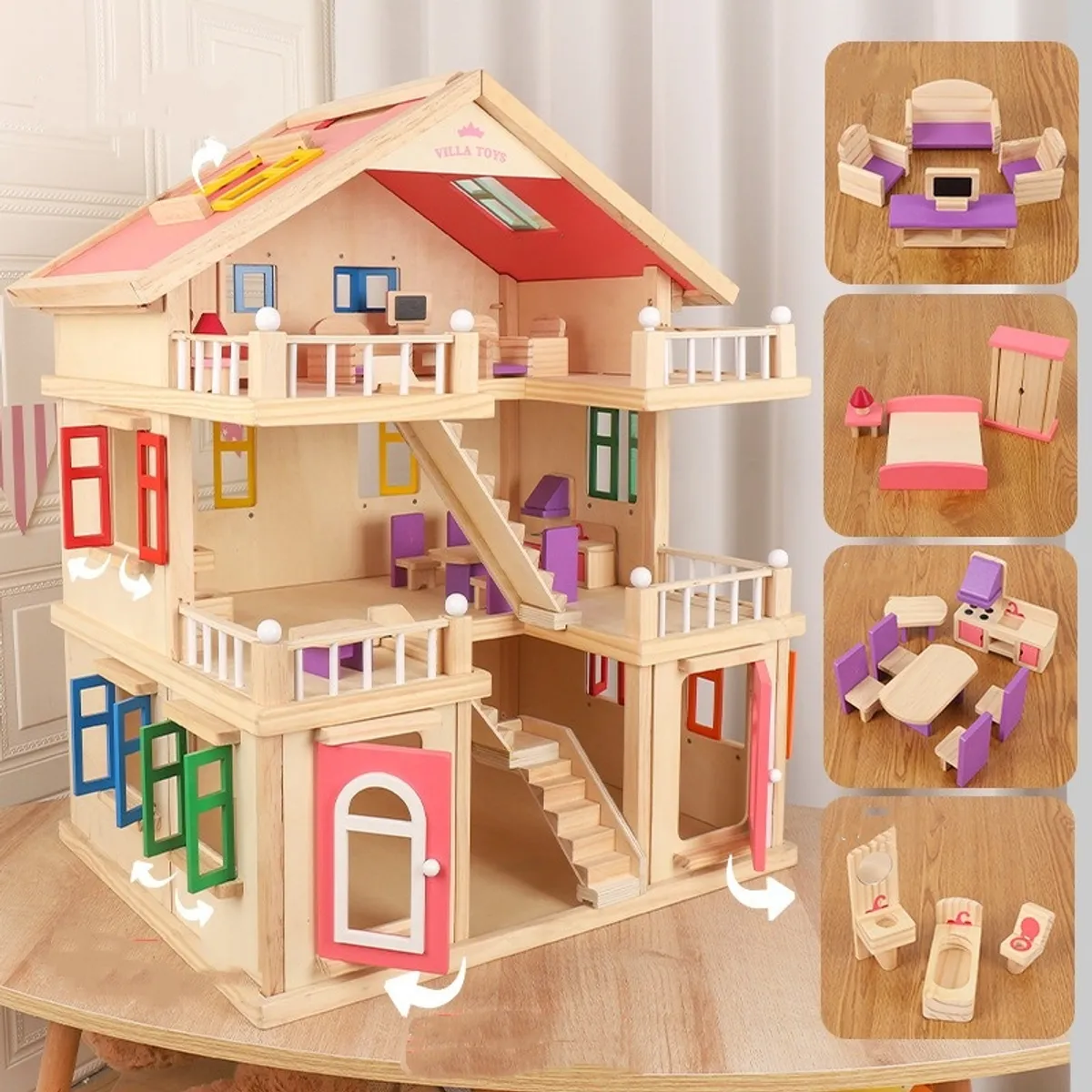 TATEE - Juguetes de villa de princesa de madera+4 muñecas princesas