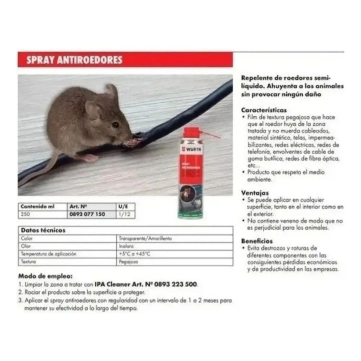 WURTH - Spray Repelente de Roedores o Ratones Wurth 250 Ml.
