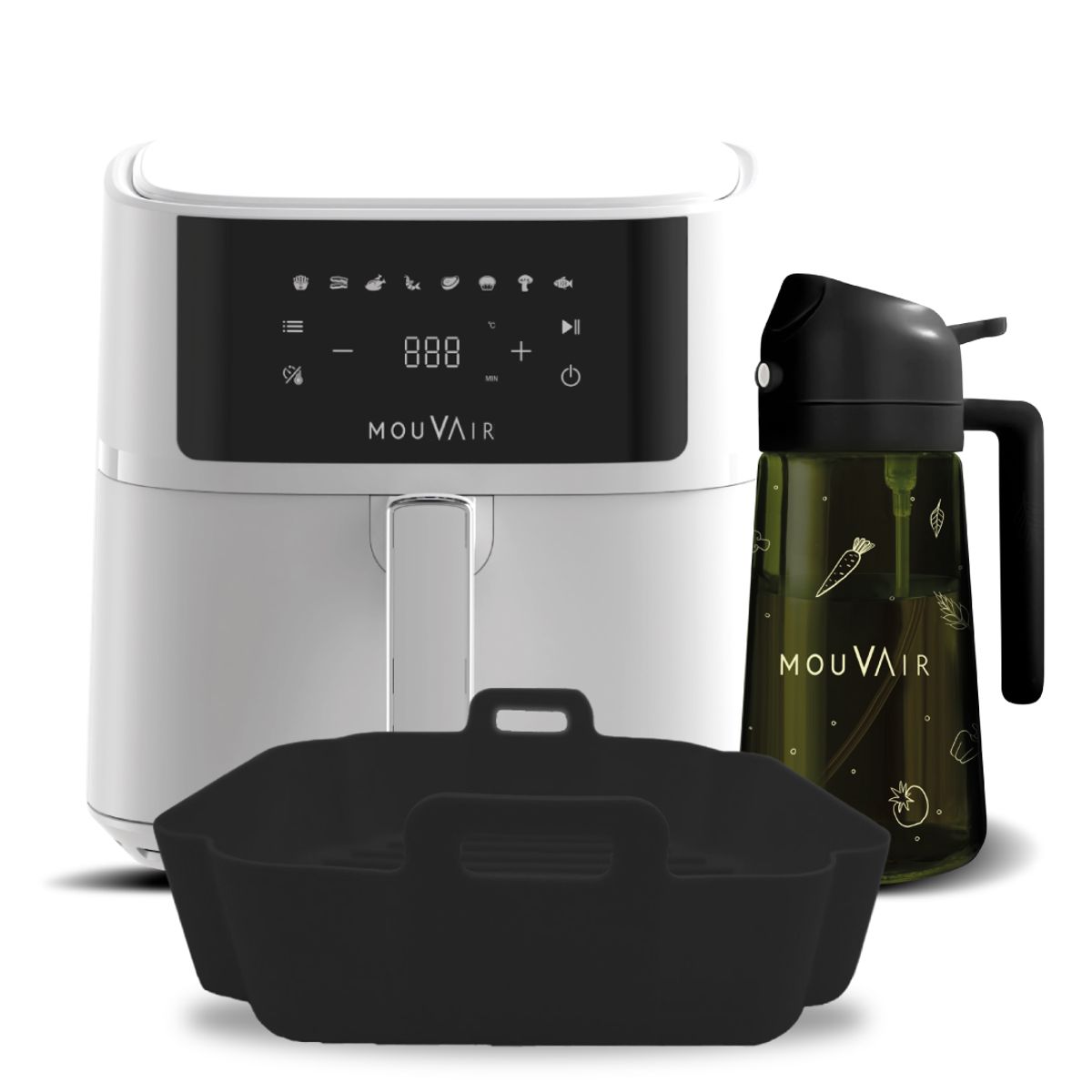 MOUVAIR - Freidora Fry 6L Blanca + Rociador de Aceite + Molde de Silicona