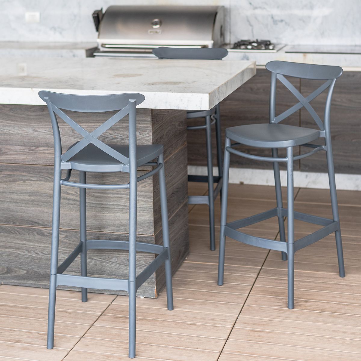 DECO EXTERIOR - 4 Taburetes de exterior Cross Bar 65 - Gris.