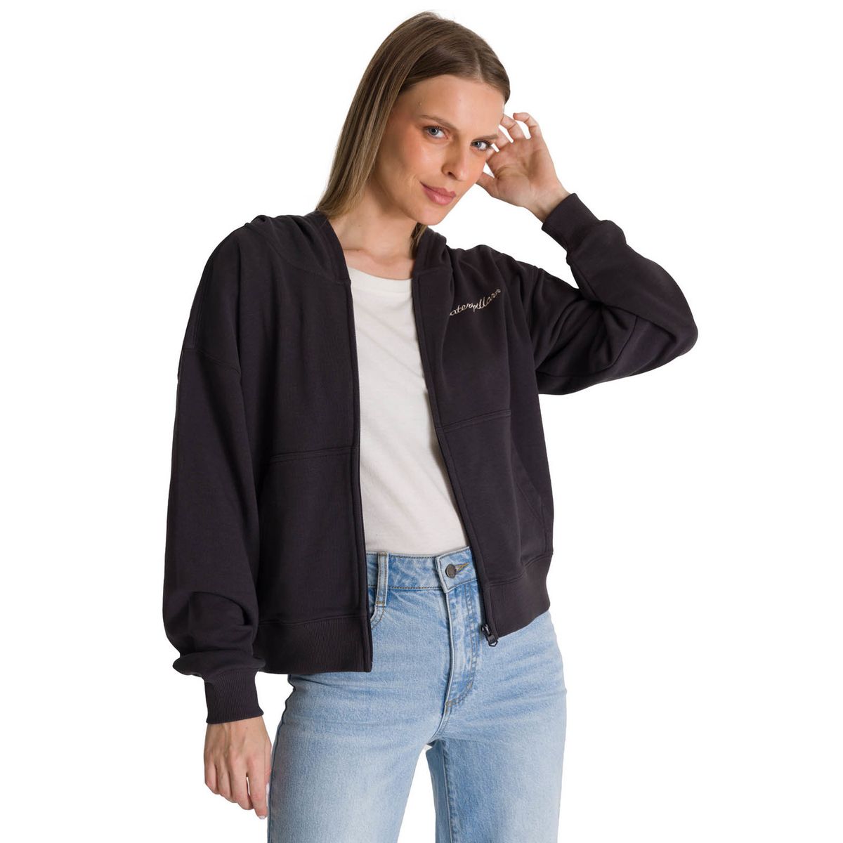 CAT - Polerón Crewneck Mujer Relaxed French Terry Negro CAT