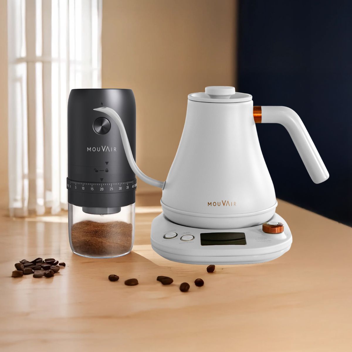 MOUVAIR - Hervidor Inteligente Mouvair Swan Blanco + Molinillo de Café Eléctrico