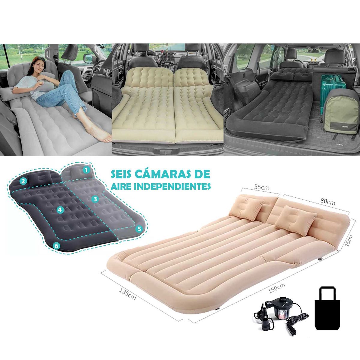 GENERICO - Colchón Inflable Auto 6 Cámaras + Bomba Eléctrica Camping
