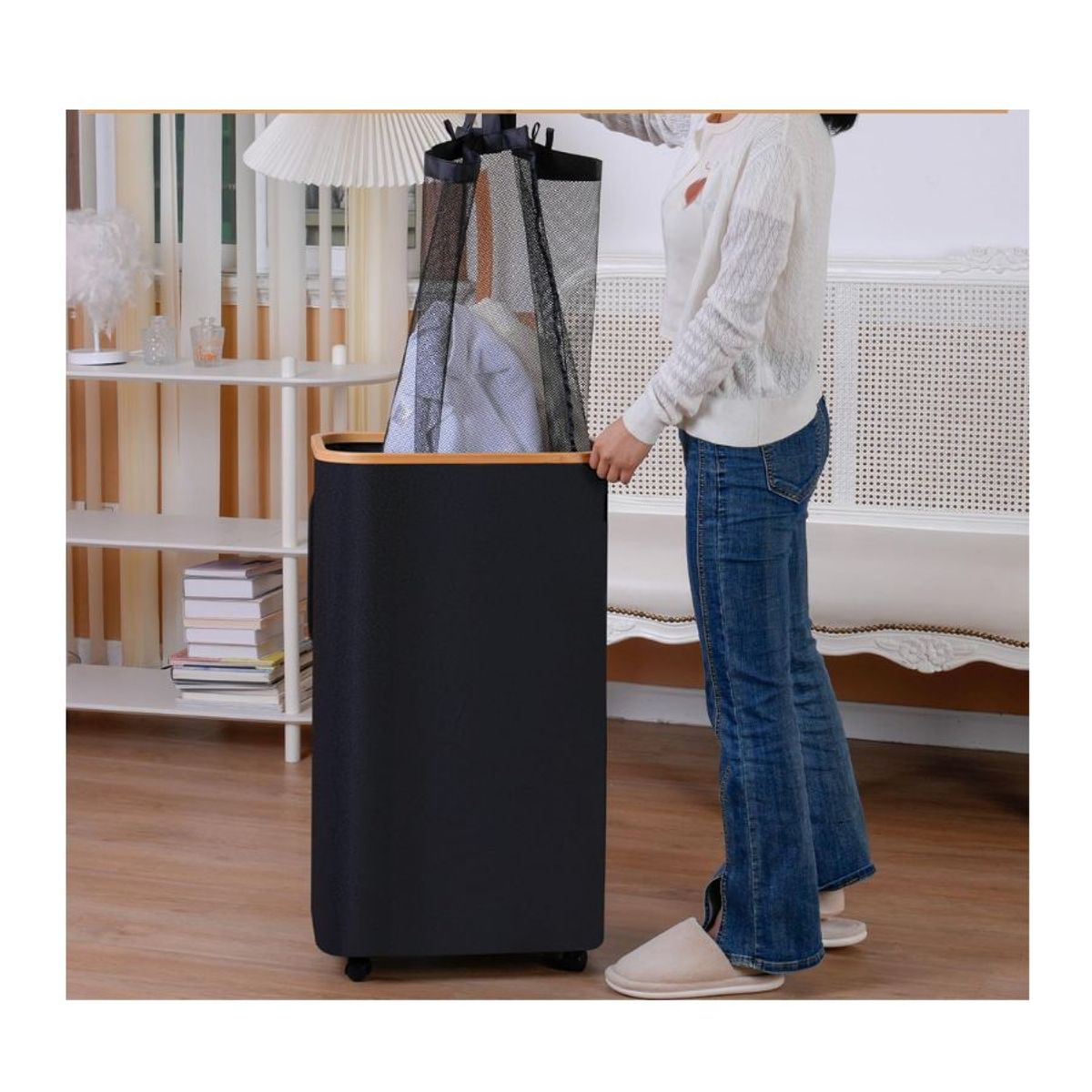 GENERICO - Cesto Ropa Sucia 75L Con Tapa Bolsa Extraible Negro