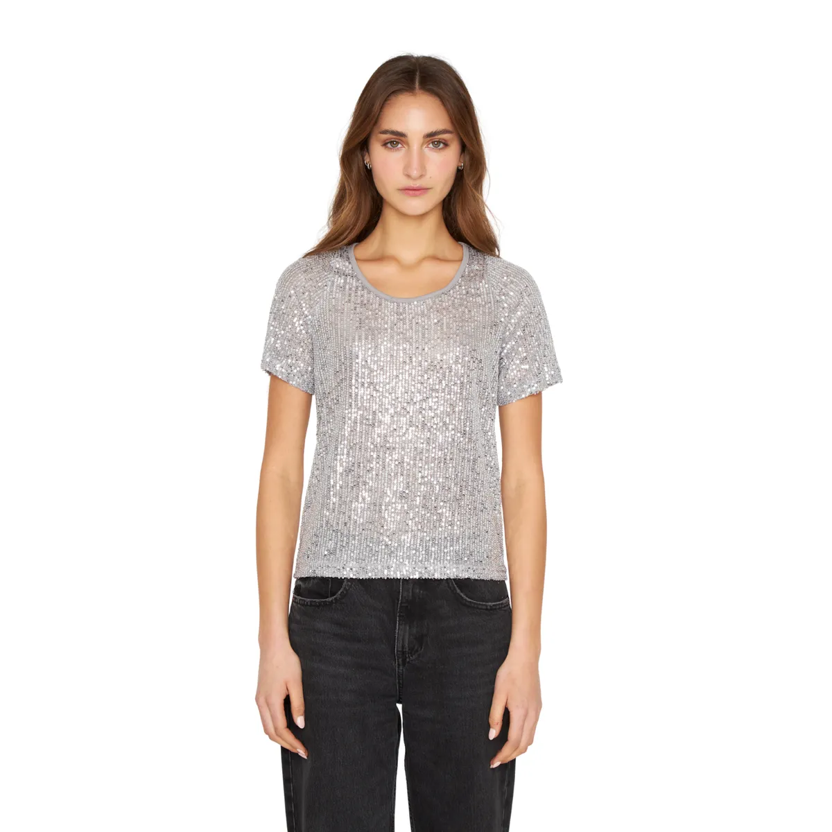 JACINTA TIENDA - Polera Glam manga corta plateado Jacinta Tienda