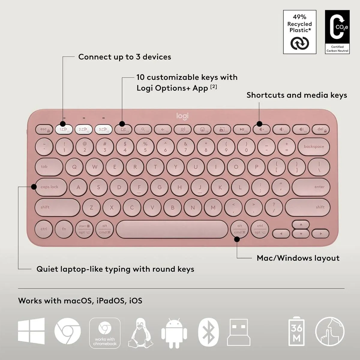 LOGITECH - Teclado Logitech Pebble Keys 2 K380S Rosado Español