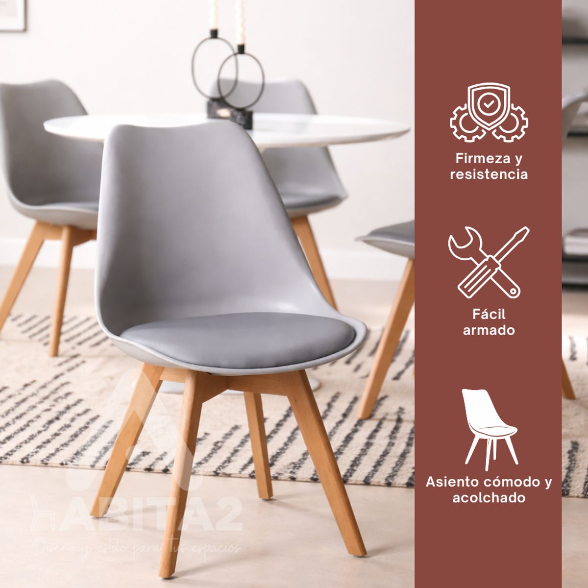 HABITA2 CHILE - Pack de 6 sillas de comedor acolchada Tulip Gris