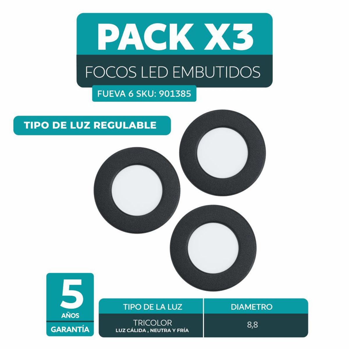 EGLO - Packs x3 Plafon Led Embutido Regulable Calida Neutra Fria 3w