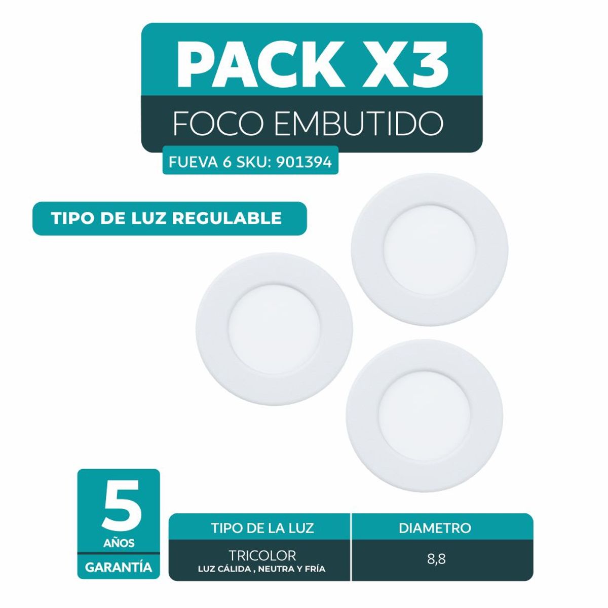 EGLO - Packs x3 Plafon Led Embutido Regulable Calida Neutra Fria 3w