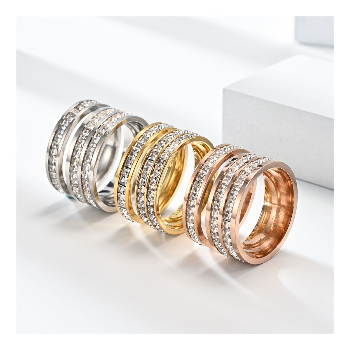 ZG JOYAS - Anillo Mujer Acero Inoxidable 8mm Chapado Cristales Zirconia