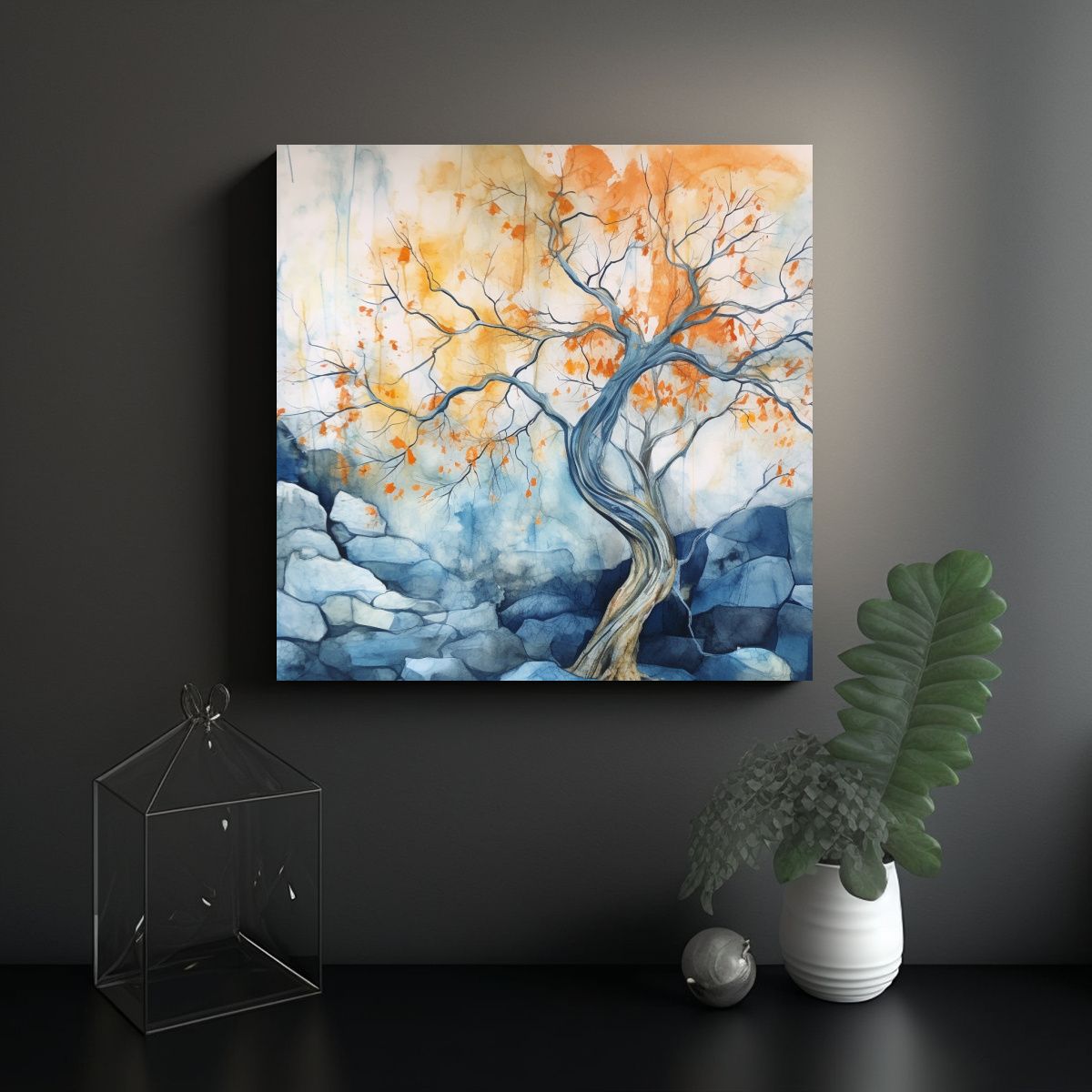 GENERICO - Cuadro En Bastidor Árbol Azul Y Naranja 80x80 Cm.