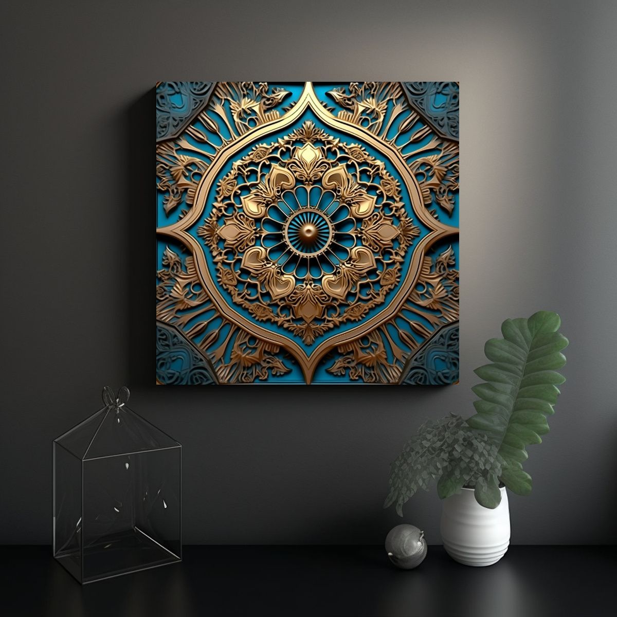 GENERICO - Tela En Bastidor Con Diseño Ornamental Azul Y 80x80 Cm.