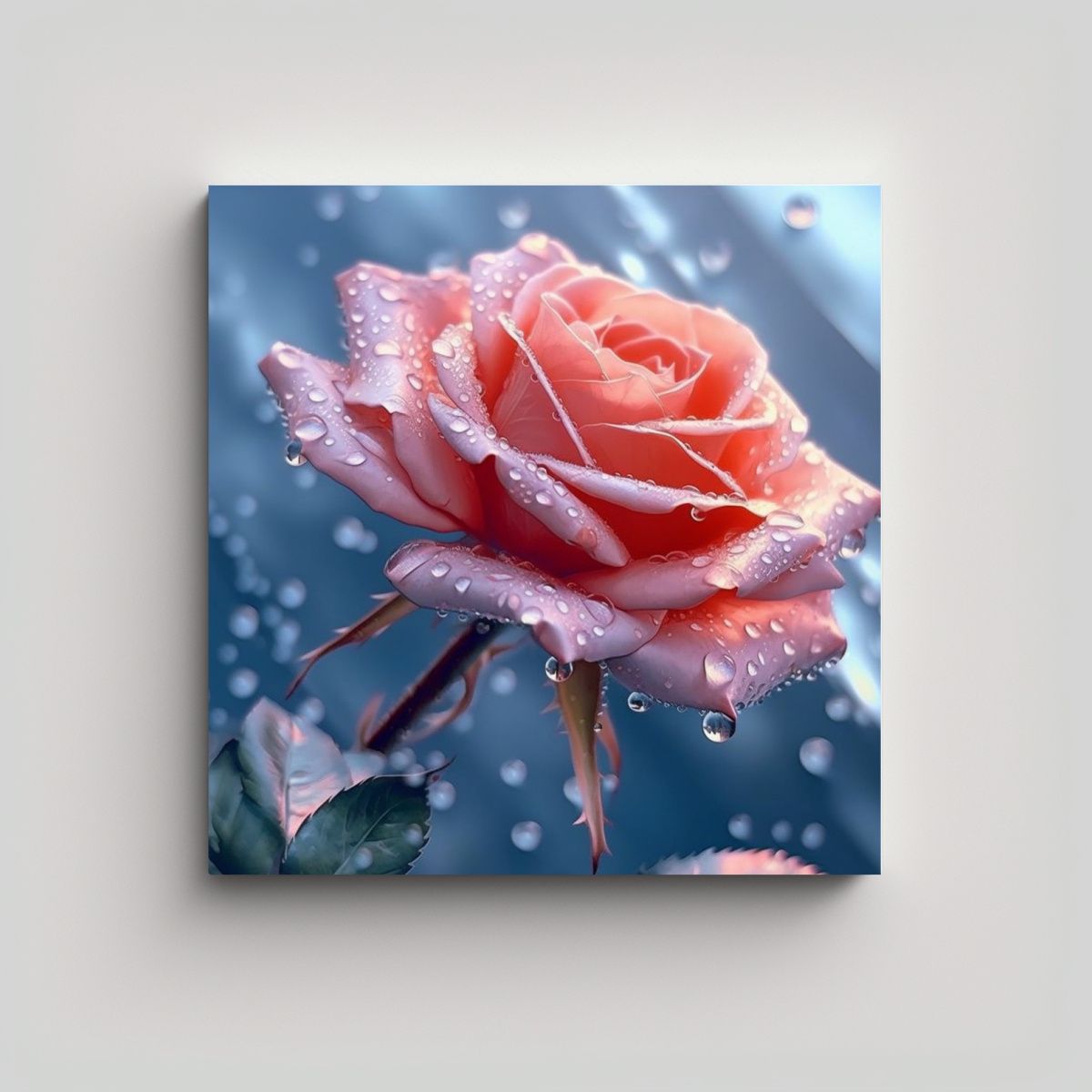 GENERICO - Cuadro Enigmático Rosado Con Rama Hojas Gotas De 70x70 Cm