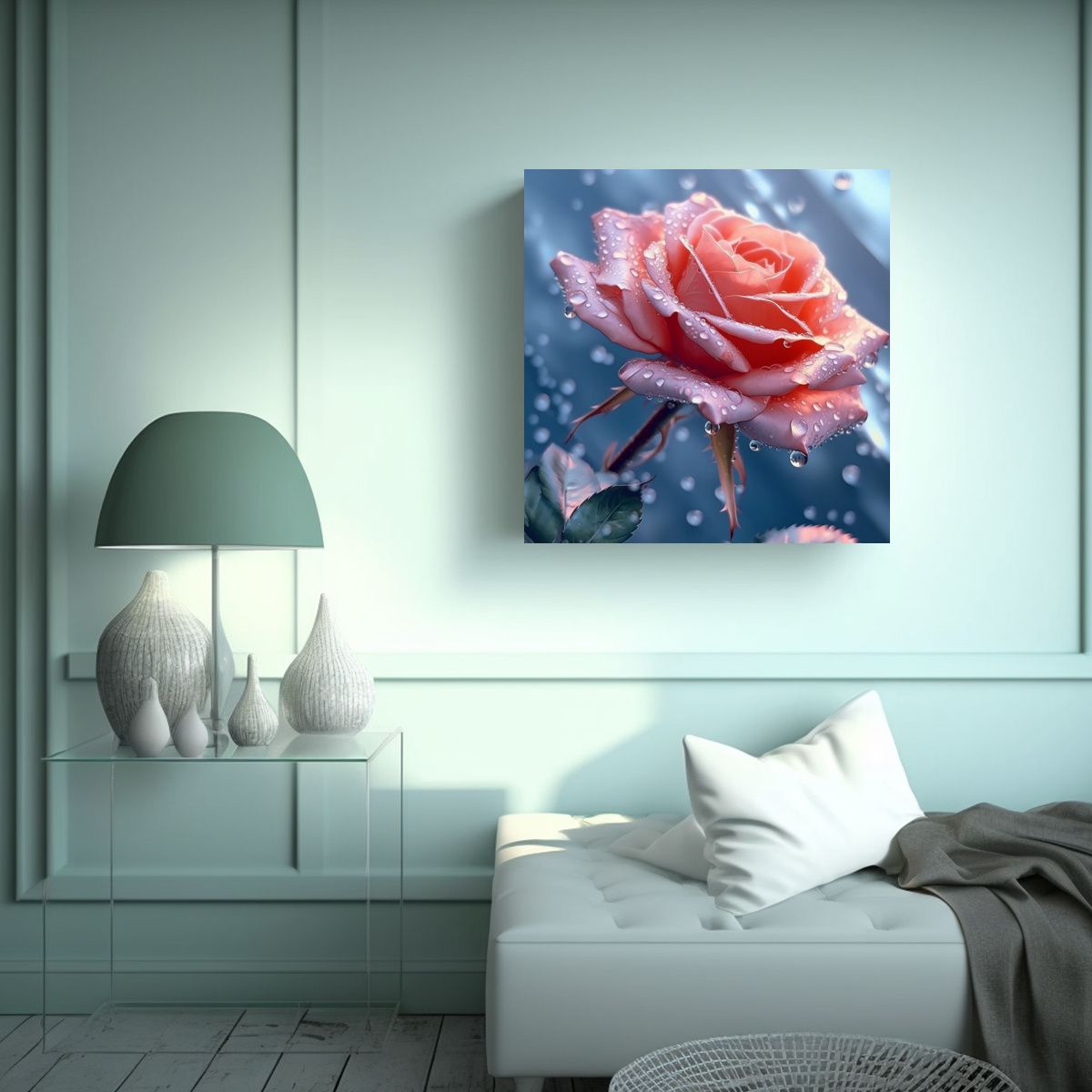 GENERICO - Cuadro Enigmático Rosado Con Rama Hojas Gotas De 70x70 Cm