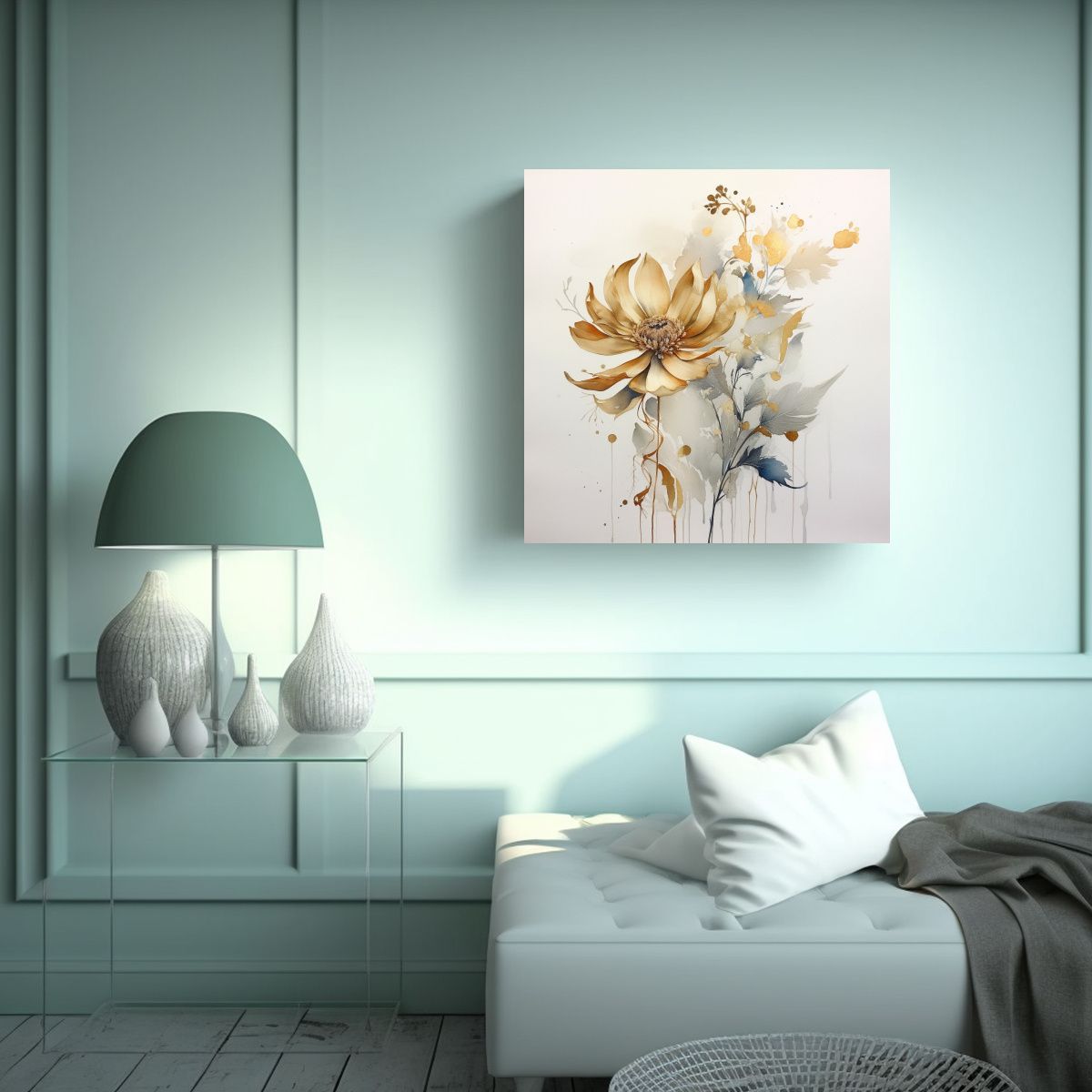 GENERICO - Patrón Intenso Full Color Con Bouquet Dorado En 70x70 Cm.