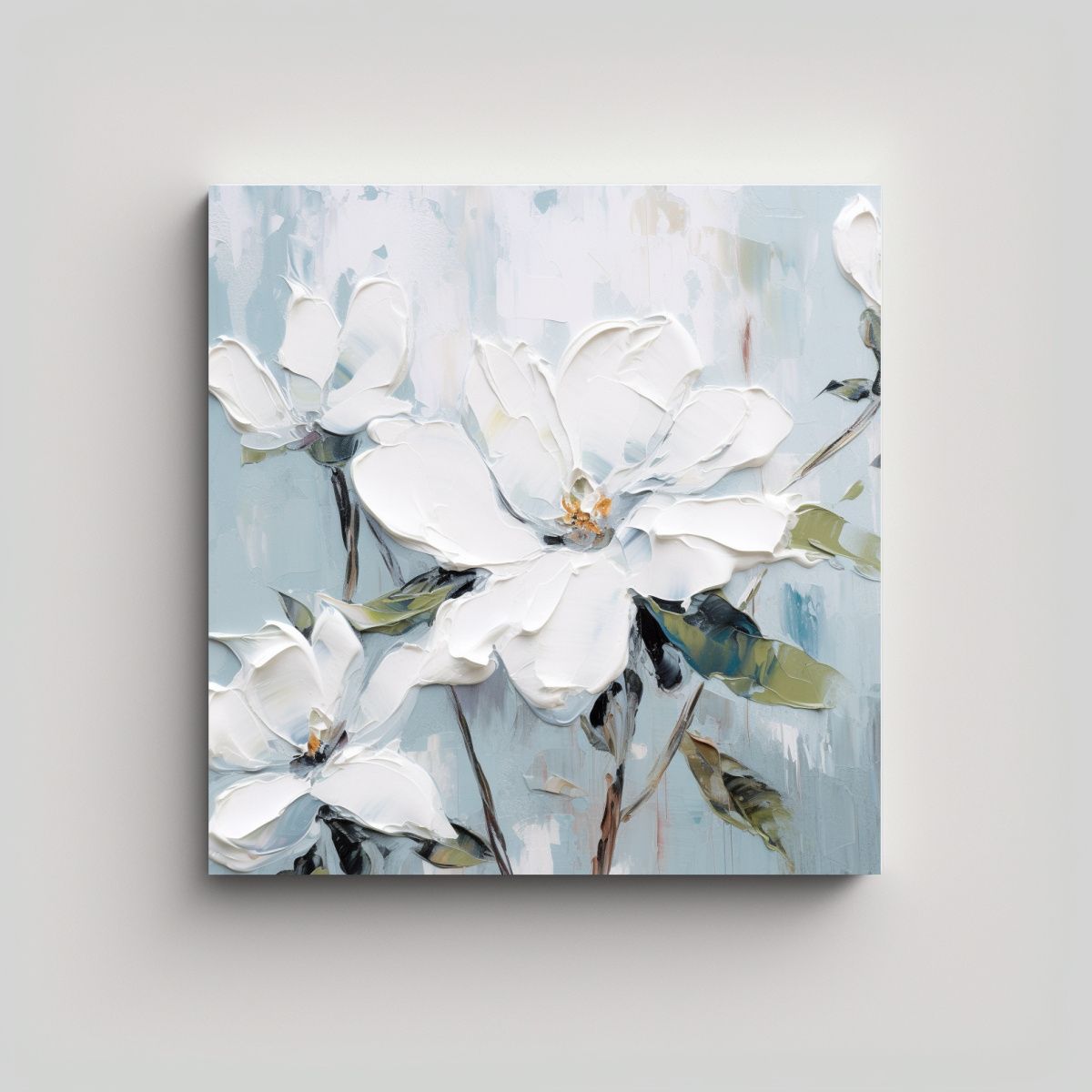 GENERICO - Cuadro Floral Blanco En Bastidor Cuadrado Flores 90x90 Cm.