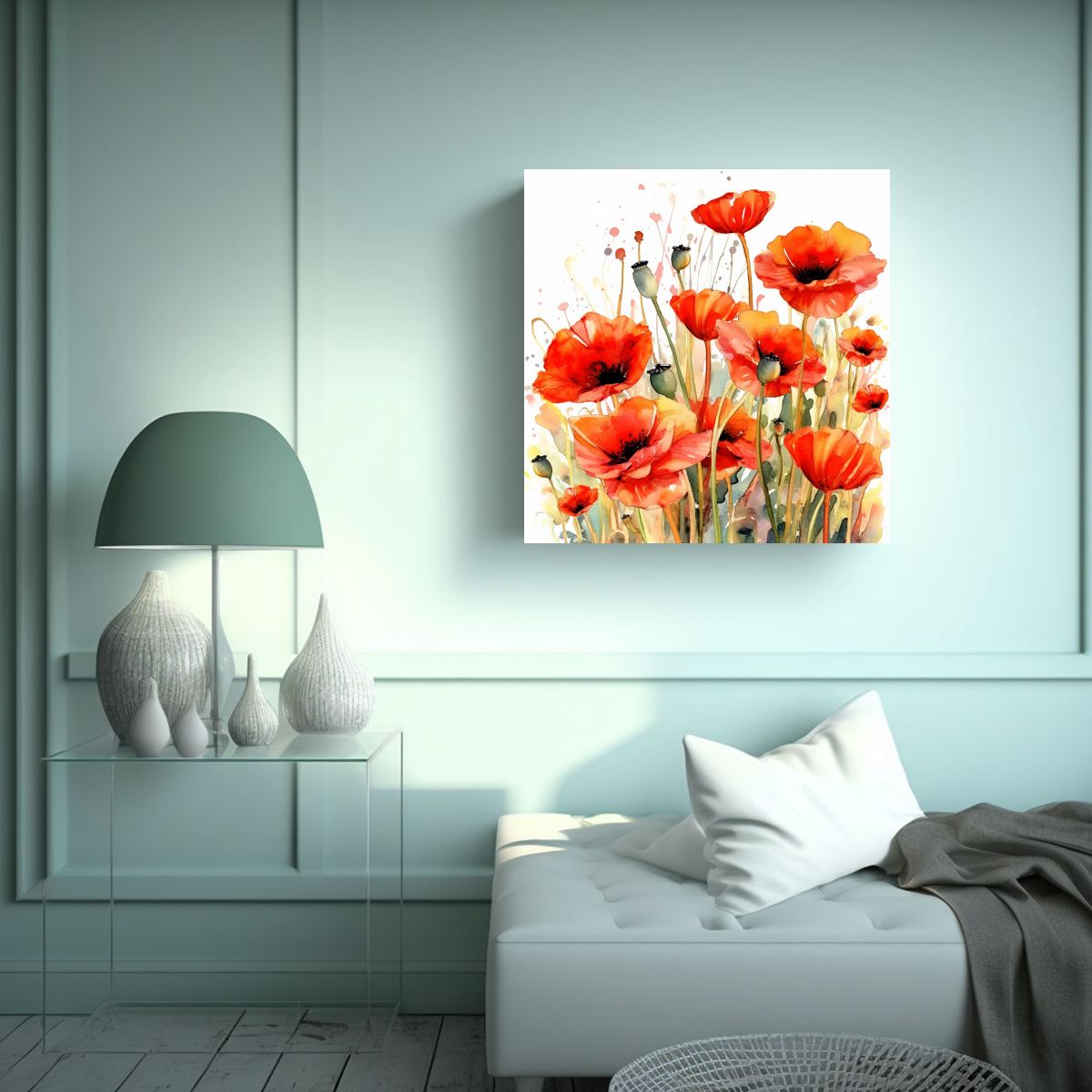 GENERICO - Cuadro Abstracto De Amapolas En Acuarela Y 90x90 Cm