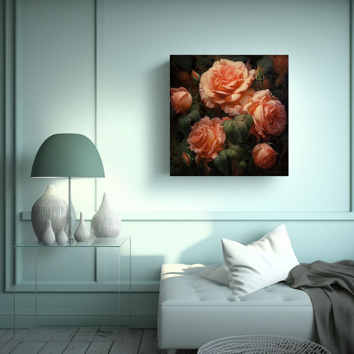 GENERICO - Composición Dinámica De Rosas Ilustradas Arte 80x80 Cm