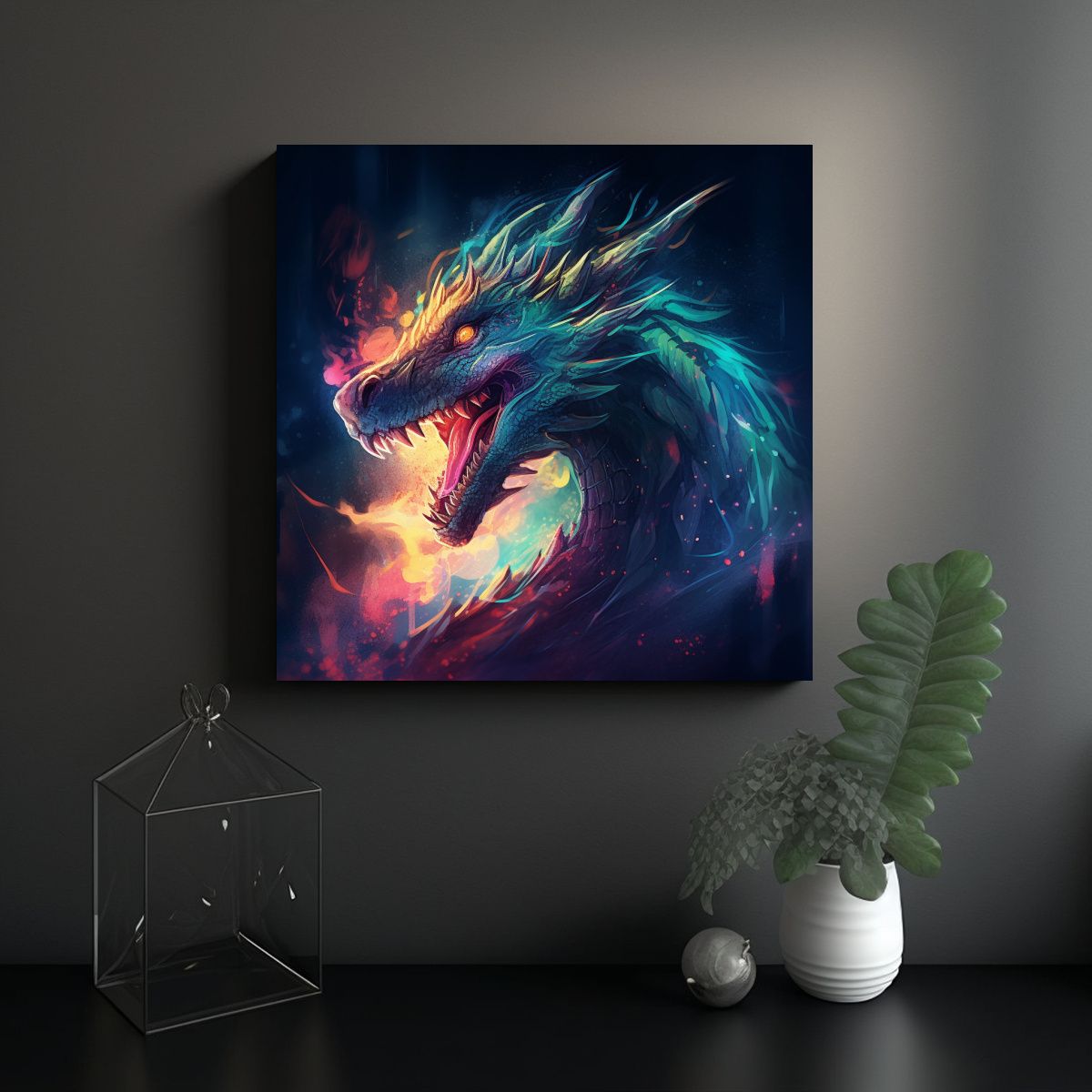 GENERICO - Pintura Decorativa Dragón Agresivo En Escena 70x70 Cm