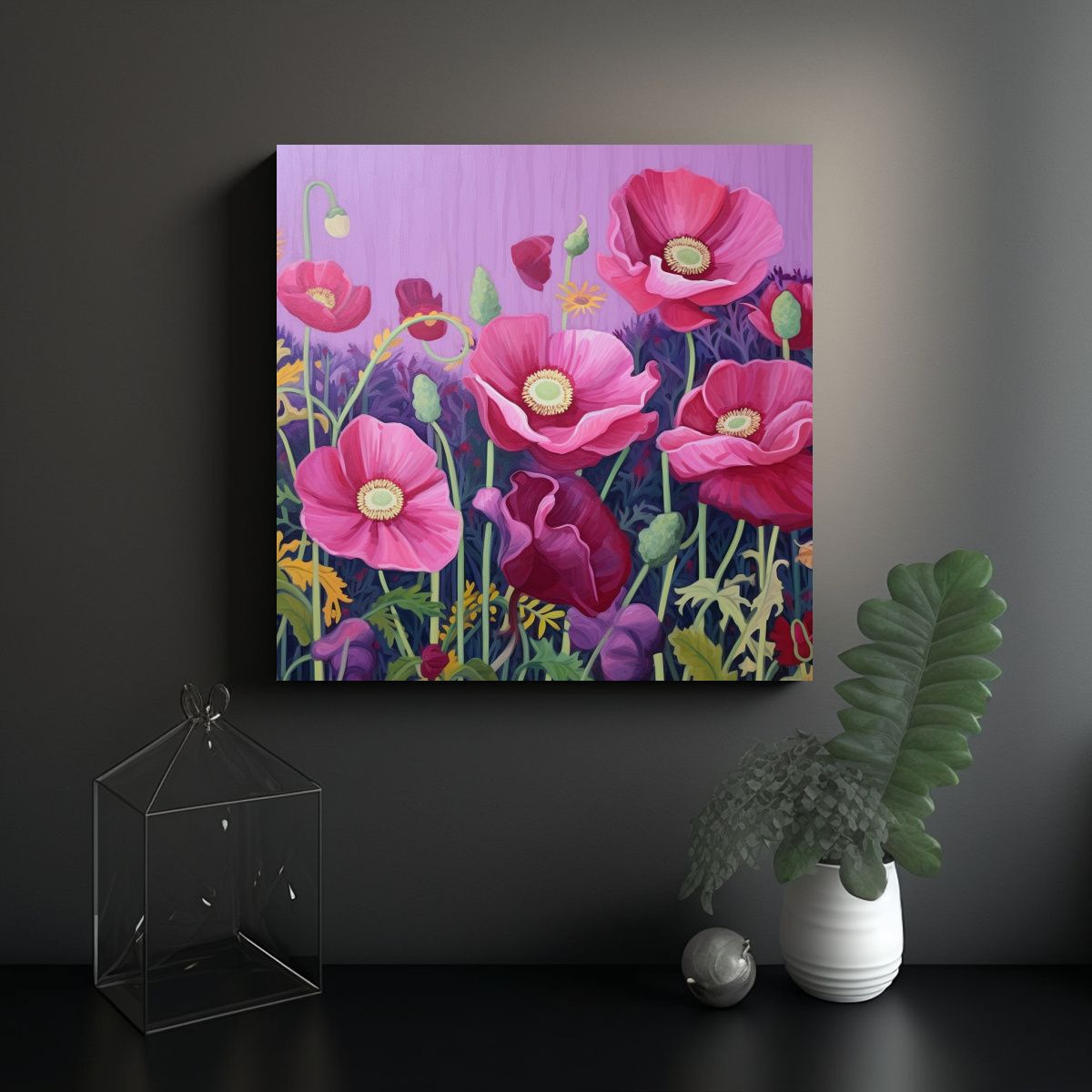 GENERICO - Lienzo De Tela Flores Rojas Y Moradas Para 80x80 Cm.
