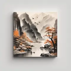 GENERICO - Cuadro Paisaje Otoño Montañas Cascada Lago 70x70 Cm